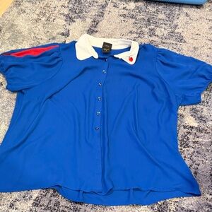 Snow White Royal Blue Button Front Blouse with White Collar and Red Accent